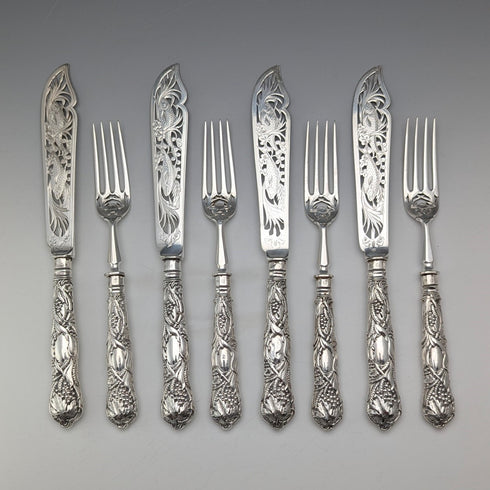 1840 British Antique Pure Silver Handle Fish Cutlery, 4 Pairs, William Sansom